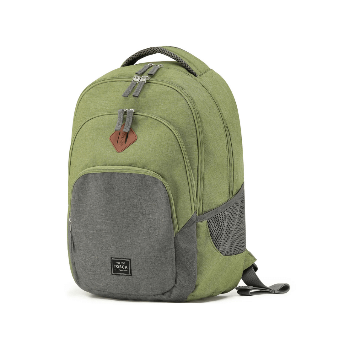 Front View of Green and Grey coloured Tosca Urban backpack available from stewart's Menswear Mullumbimby.