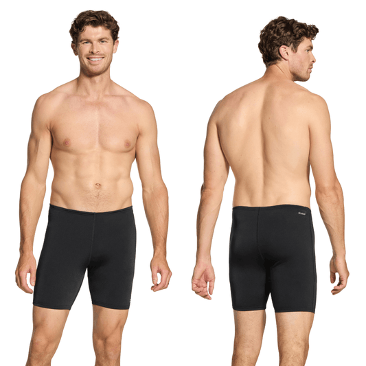 Stewarts Menswear, Mullumbimby. Photo shows back and front view of model wearing Zoggs Cottesloe Mid Jammer in colour black.