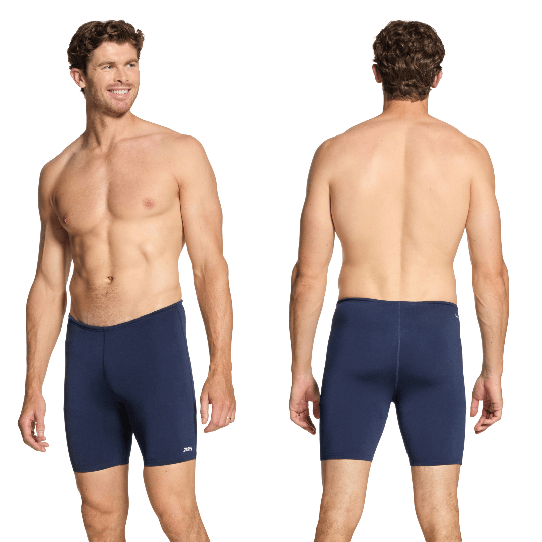 Stewarts Menswear, Mullumbimby. Photo shows back and front view of model wearing Zoggs Cottesloe Mid Jammer in colour Navy.