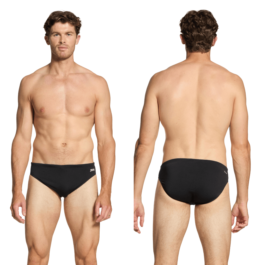 Stewarts Menswear, Mullumbimby. Photo shows both front and back views of a model wearing Zoggs Cottesloe Racer in black.