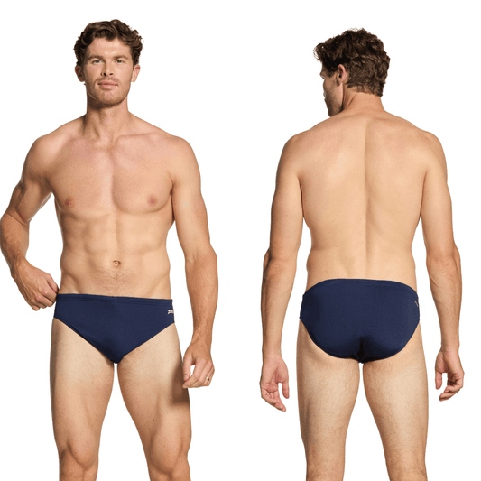 stewarts menswear Mullumbimby. Photo shows front and back view of a model wearing Zoggs Cottesloe Racer in colour Navy.