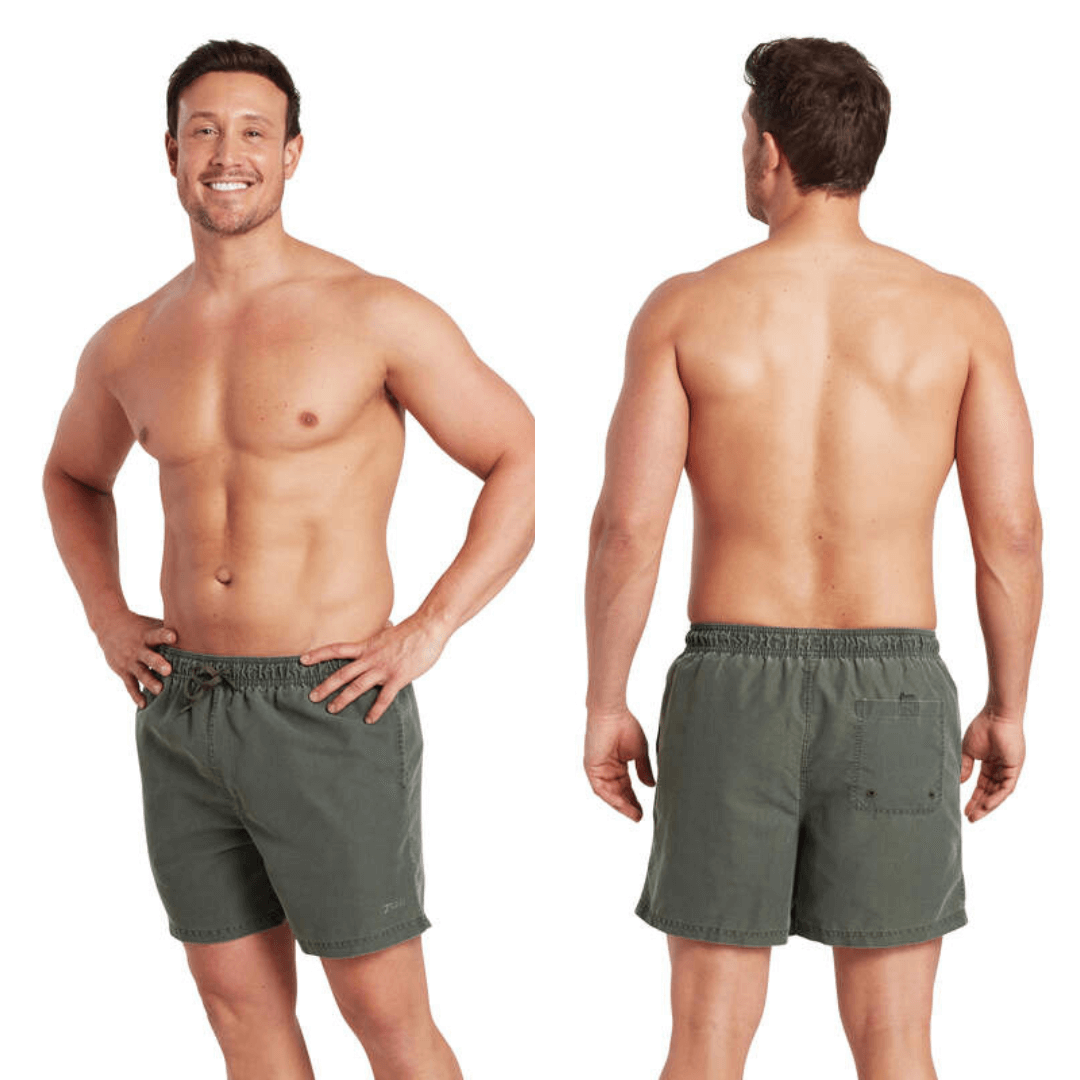 Stewart's Menswear, Mullumbimby. Photo shows model wearing Zoggs Mosman shorts in Khaki Colour, both front and back views.