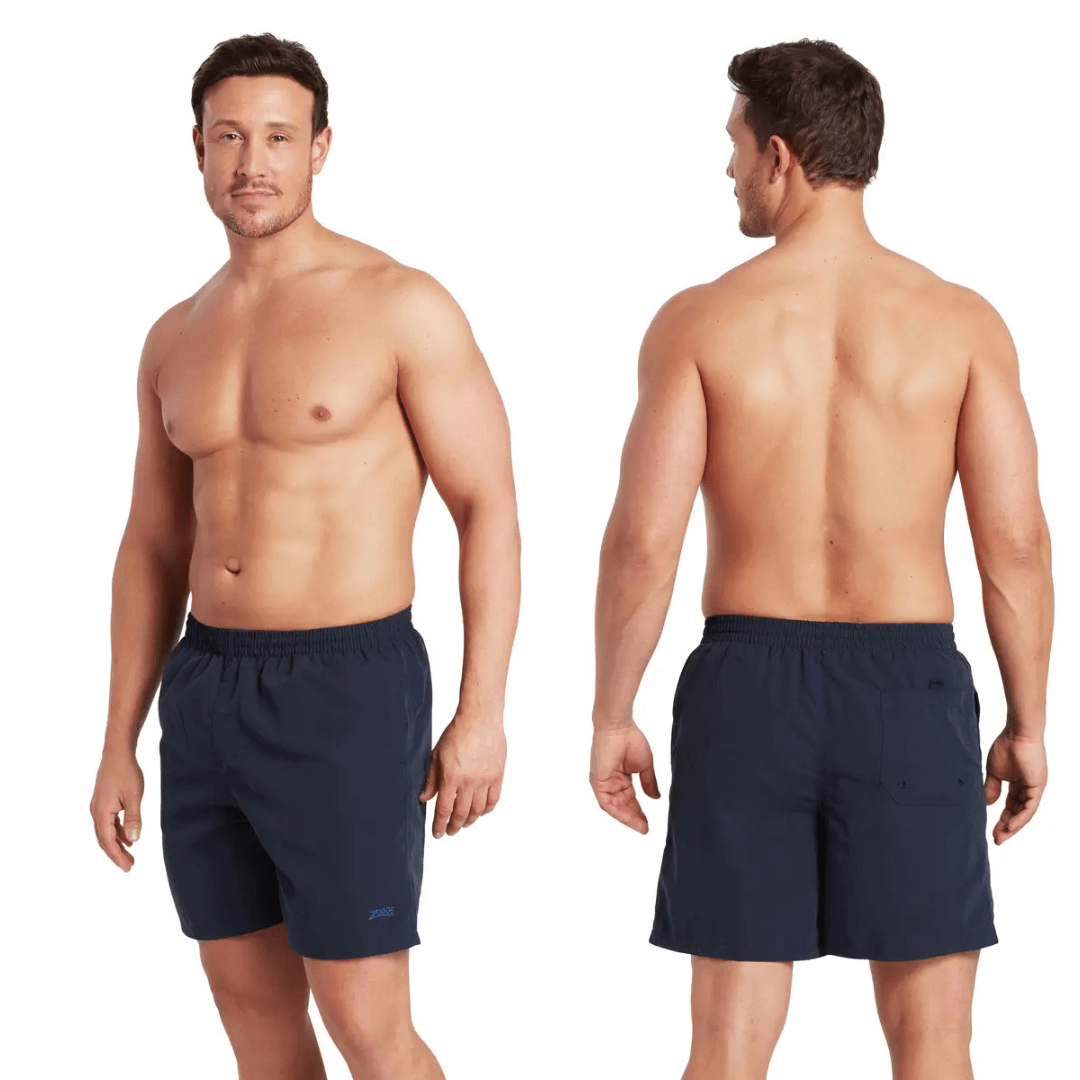 Stewart's Menswear, Mullumbimby. Photo shows front and back view of model wearing Zoggs Penrith Shorts in colour Navy.