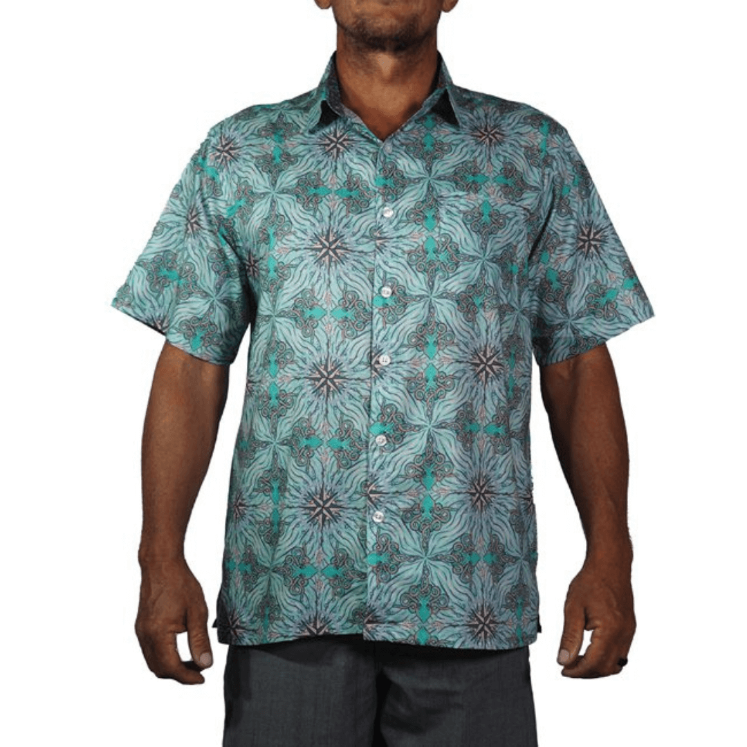 Stewarts Menswear Nude Beach cotton shirt. Octopus design, turquoise colour. This eye-catching abstract octopus print was inspired by a documentary about a marine biologist's bond with an octopus.