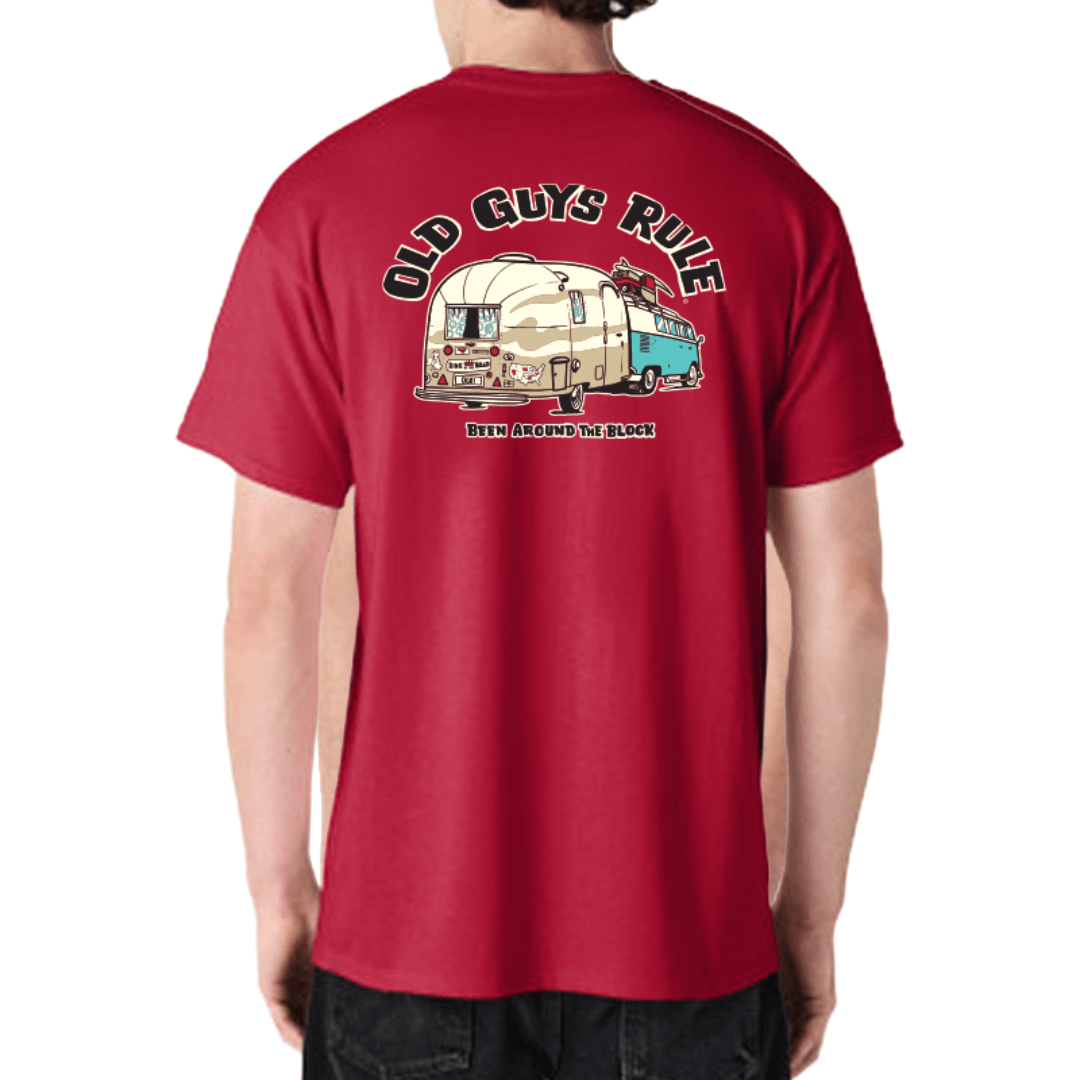 Back view of Old Guys Rule Been Around the Block Tee in Cardinal Red, campervan print tee available at Stewart's Menswear Mullumbimby.