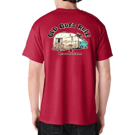 Back view of Old Guys Rule Been Around the Block Tee in Cardinal Red, campervan print tee available at Stewart's Menswear Mullumbimby.