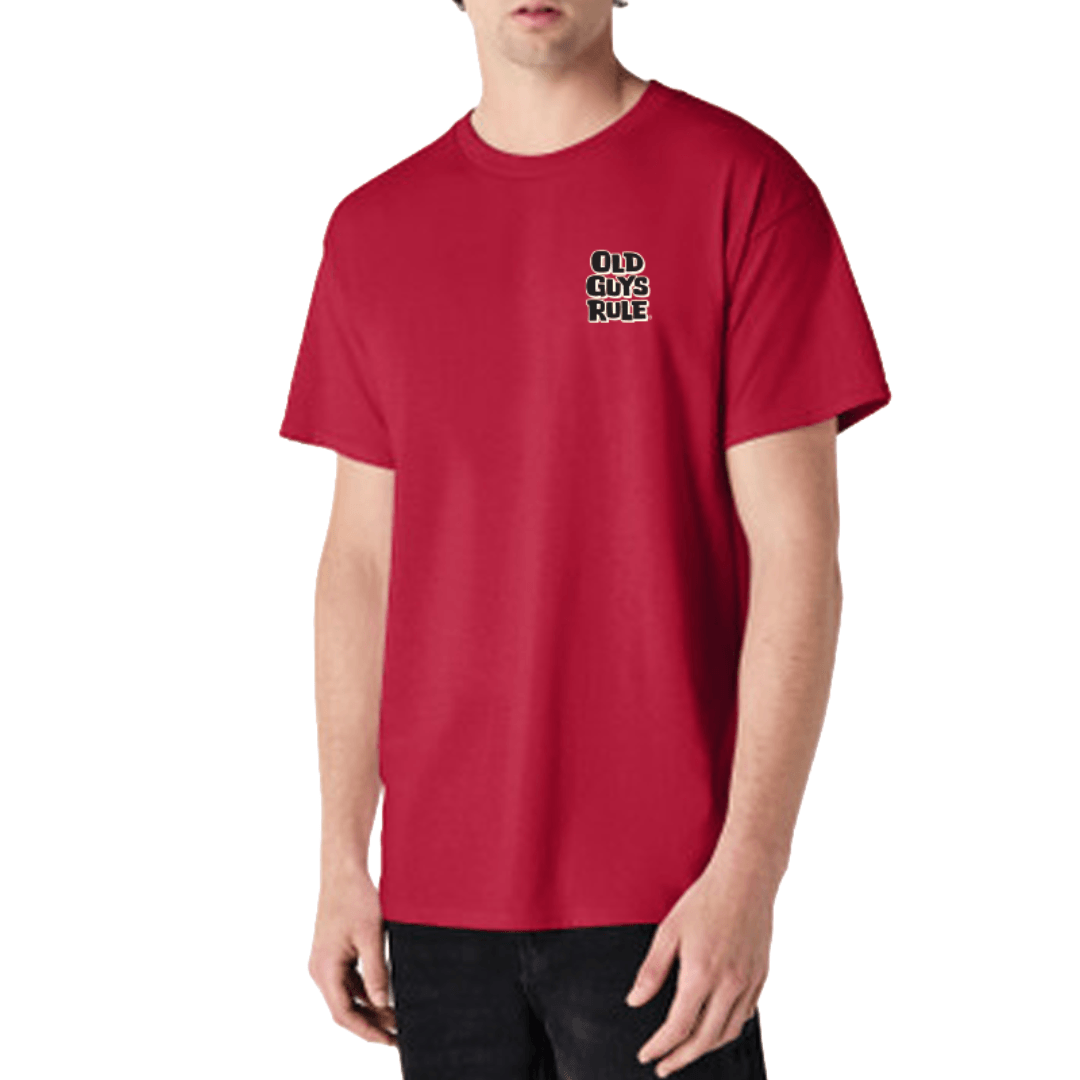 Front view of Old Guys Rule Been Around the Block Tee in Cardinal Red, campervan print tee available at Stewart's Menswear Mullumbimby.