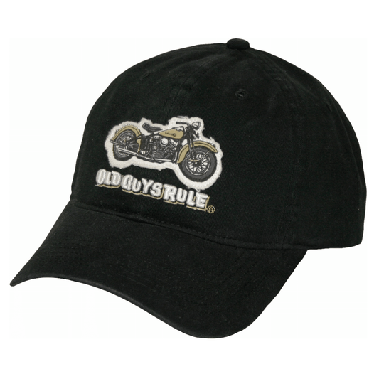 Stewarts Menswear Old Guys Rule Panhead cap. Colour is black. Features embroidered motorbike logo with words Old Guys Rule.