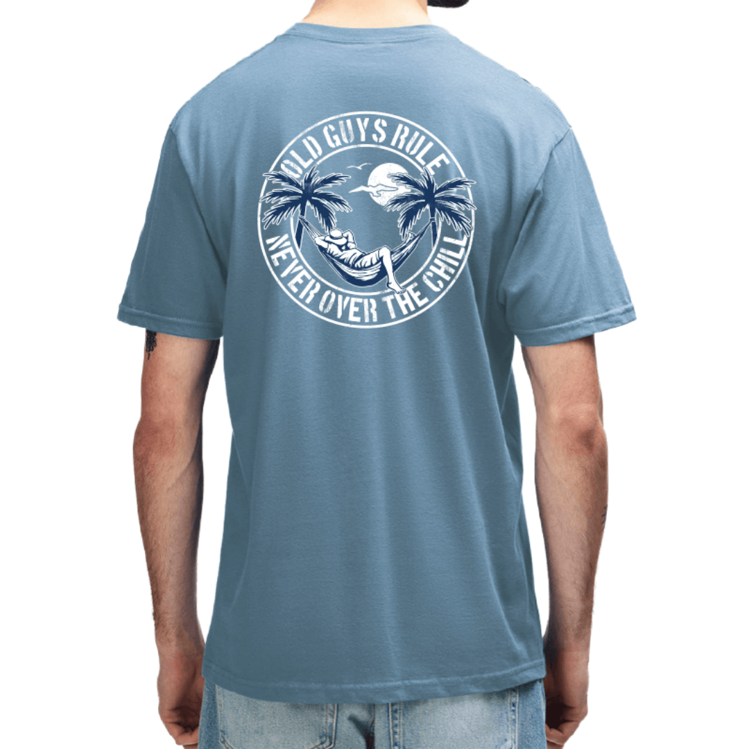 Back view of Old Guys Rule Never Over the Chill Tee in blue, front and back palm tree hammock print available at Stewart's Menswear Mullumbimby.