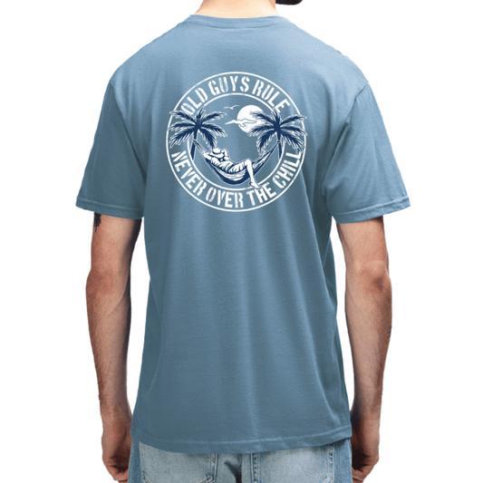 Back view of Old Guys Rule Never Over the Chill Tee in blue, front and back palm tree hammock print available at Stewart's Menswear Mullumbimby.