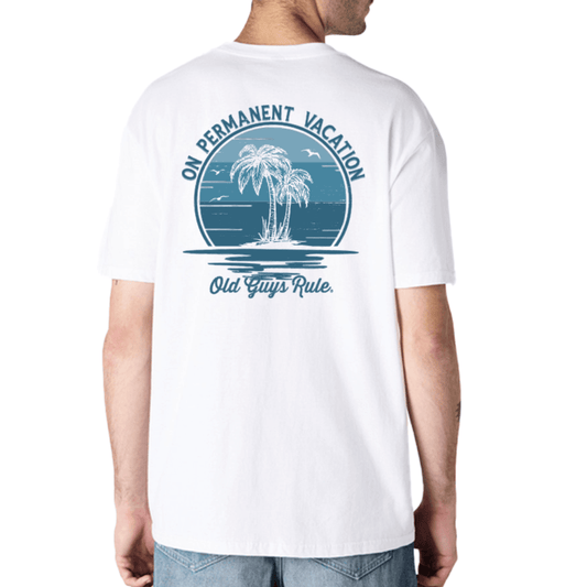 Stewart's Menswear, Mullumbimby. Old Guys Rule T-shirt. Photo shows model wearing Old Guys Rule On Permanent Vacation T-shirt, back view. White T-shirt with blue palm tree design "On Permanent Vacation"