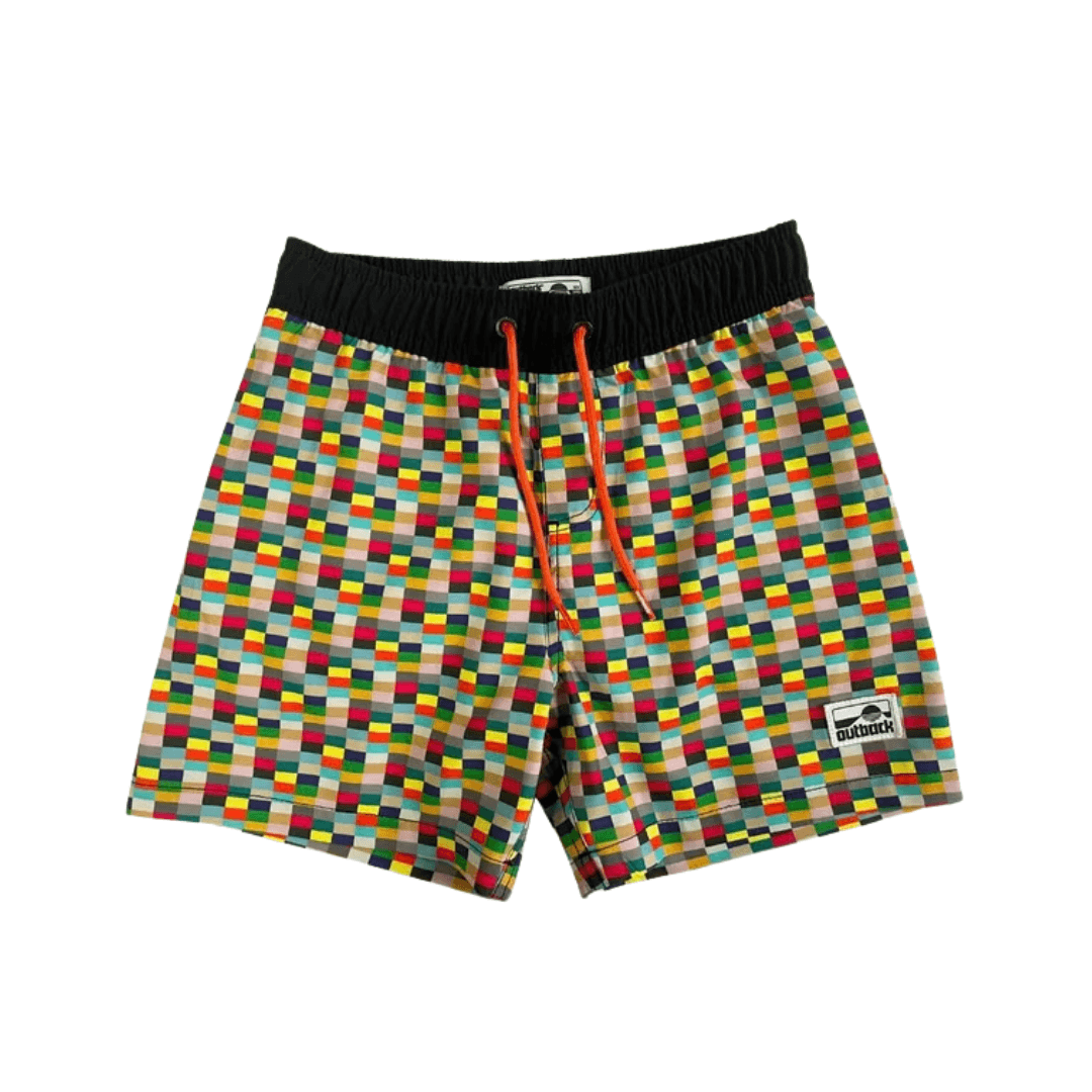 Outback Supply Co Abyss boys' boardshorts with colourful geometric print and elastic waistband, available at Stewart's Menswear Mullumbimby.