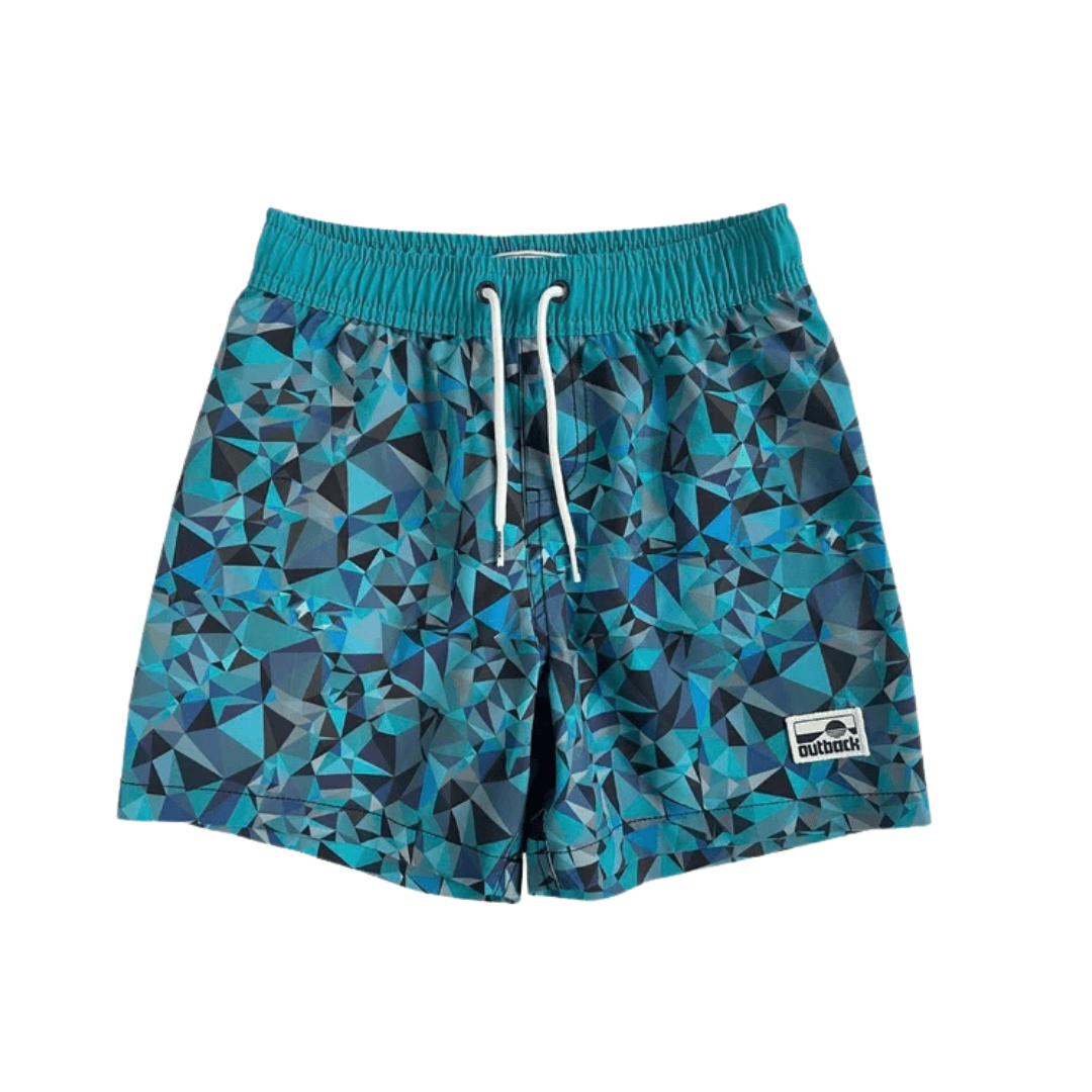 Outback Supply Co Diamond Reef boys' boardshorts with colourful geometric print and elastic waistband, available at Stewart's Menswear Mullumbimby.