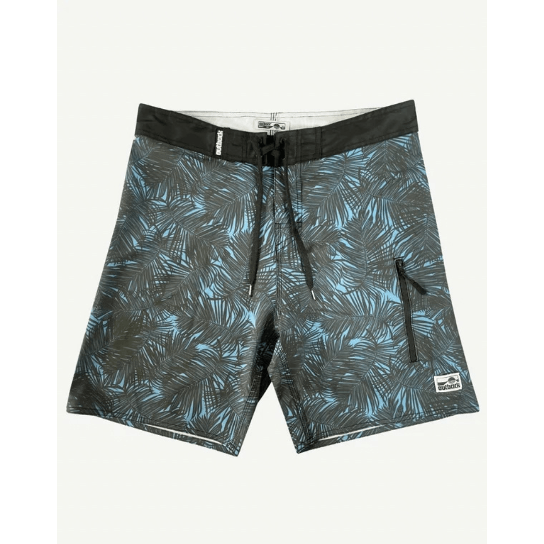 Outback Supply Co black with blue  leaf print boardshorts with high waist and back pocket, available at Stewart's Menswear Mullumbimby.
