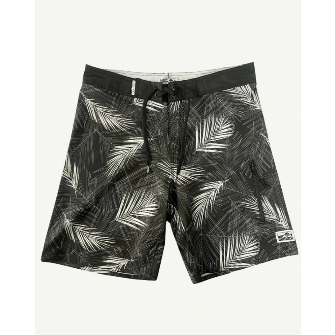 Black and white palm leaf pattern board shorts with a black drawstring waistband, shown flat against a light off-white background.