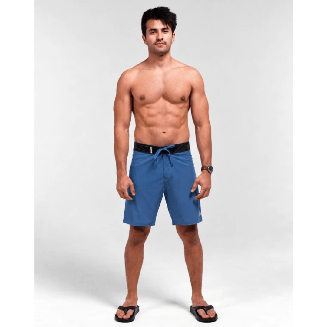 Outback Supply Co Storm Blue boardshorts with high waist and back pocket, available at Stewart's Menswear Mullumbimby.