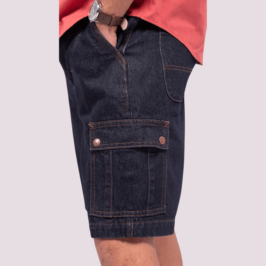 Side view of Outback Supply Co Fusion Cargo Short in mid-weight denim with cargo pockets and YKK zip, available at Stewart's Menswear Mullumbimby.