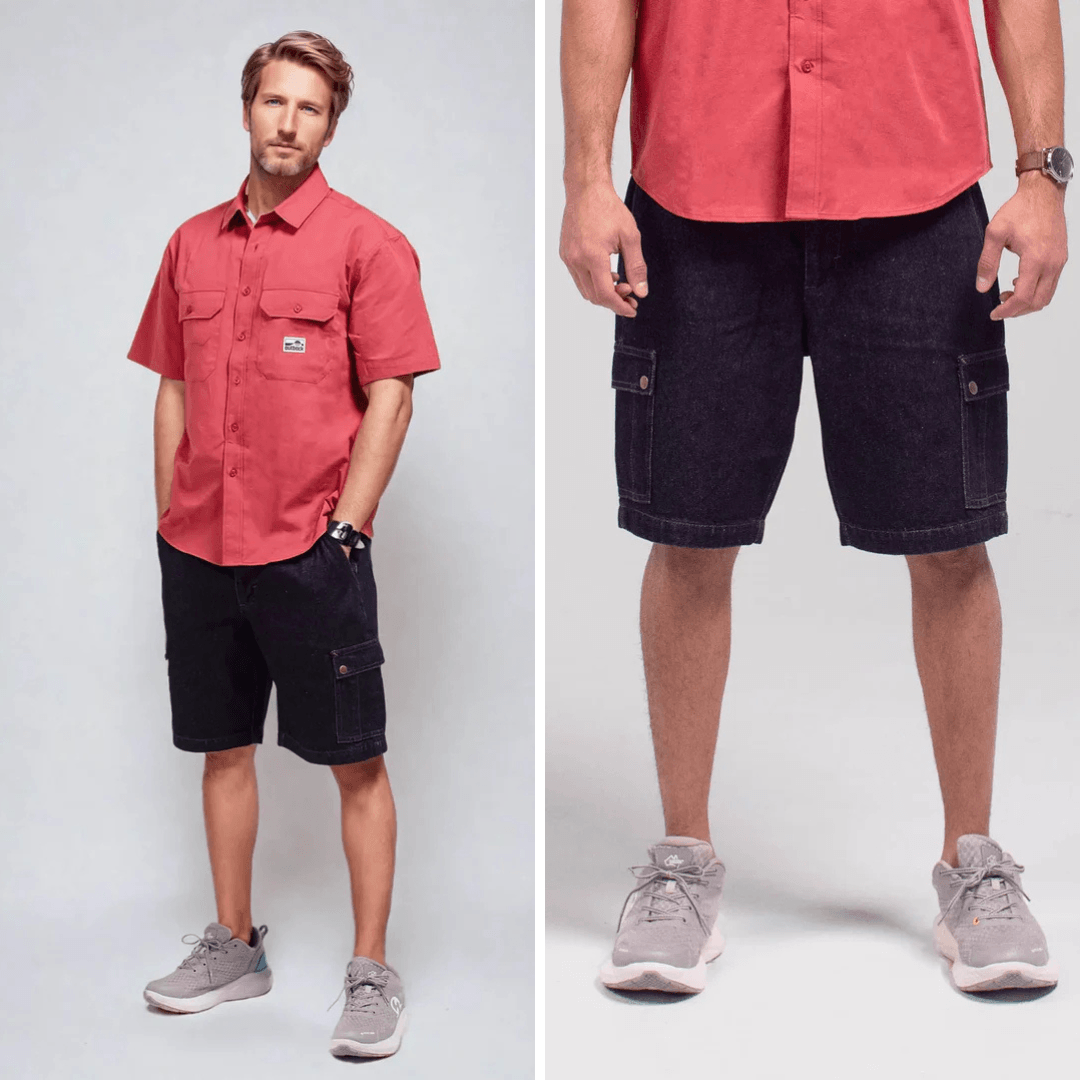 Outback Supply Co Fusion Cargo Short in mid-weight denim with cargo pockets and YKK zip, available at Stewart's Menswear Mullumbimby.