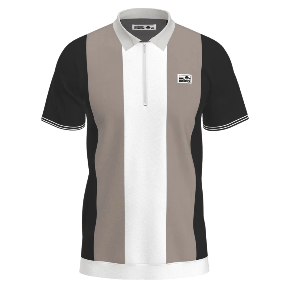 Outback Supply Co black, taupe, and white colour-blocked polo shirt with quarter-zip neckline, available at Stewart's Menswear Mullumbimby.