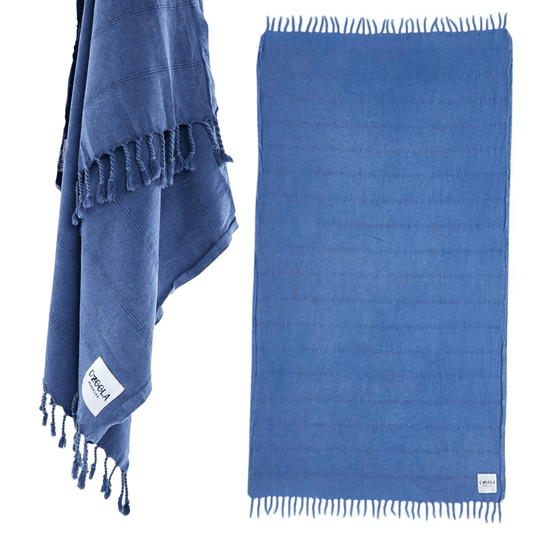 Stewarts Menswear Ozoola Stonewash Towel. The Ozoola Stonewash Towel is made from 100% Turkish Cotton which is super absorbent and extremely fast drying.  Made with a stylish stonewash technique to give it its unique look, it is the most premium of the range. Colour is Blue.
