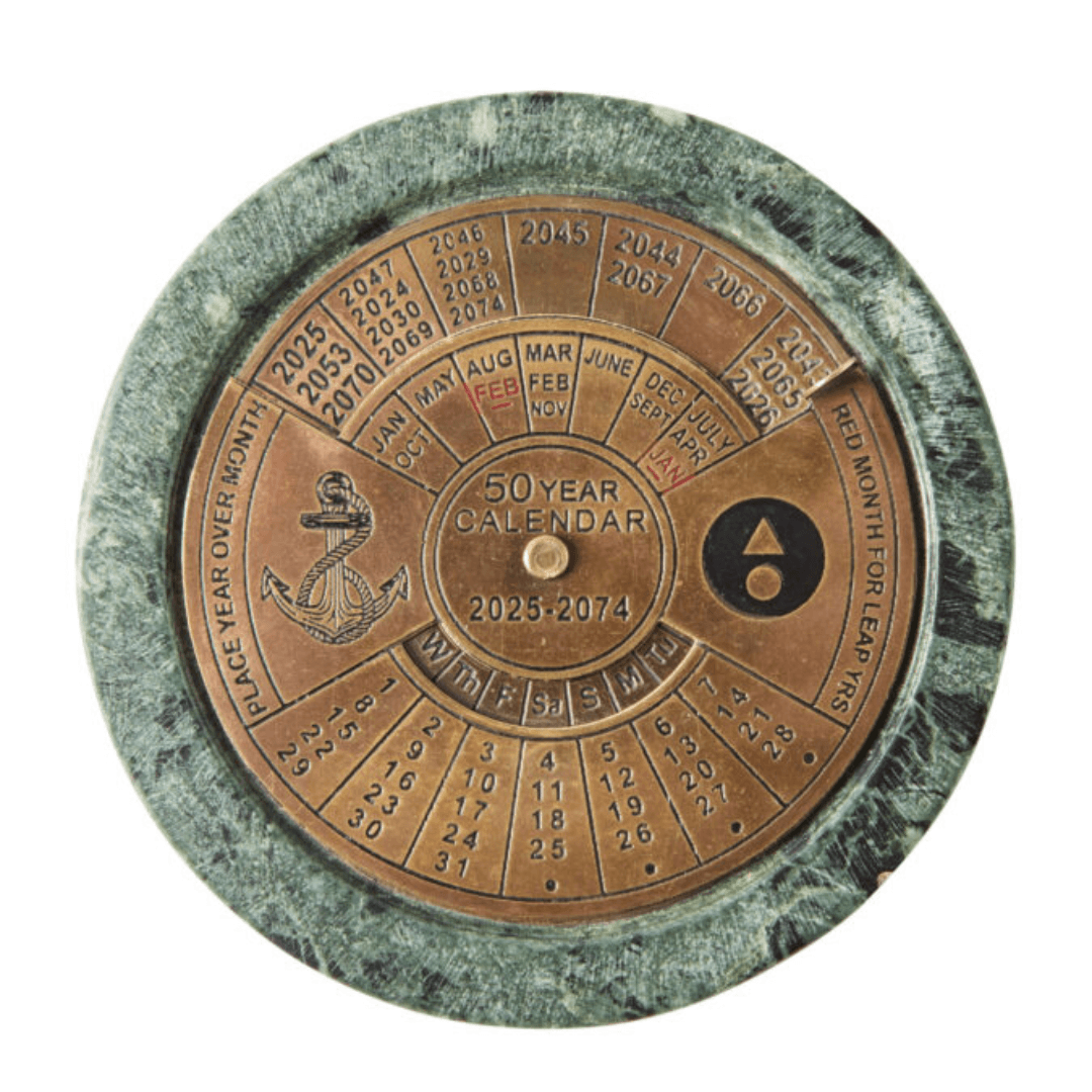 50-Year Calendar with marble base and brass detailing, available at Stewart's Menswear Mullumbimby.