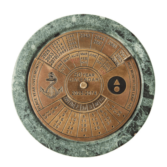 50-Year Calendar with marble base and brass detailing, available at Stewart's Menswear Mullumbimby.