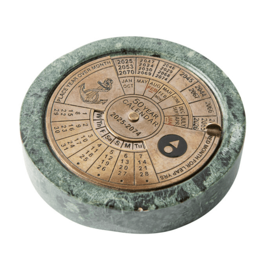 50-Year Calendar with marble base and brass detailing, available at Stewart's Menswear Mullumbimby.