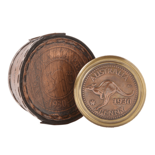 Australian Penny Compass in brass with leather case and vintage nautical styling, available at Stewart's Menswear Mullumbimby.
