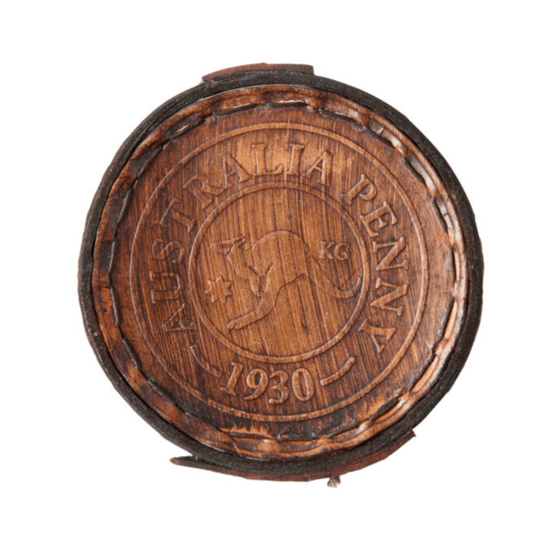 Leather case for Australian Penny Compass in brass with vintage nautical styling, available at Stewart's Menswear Mullumbimby.