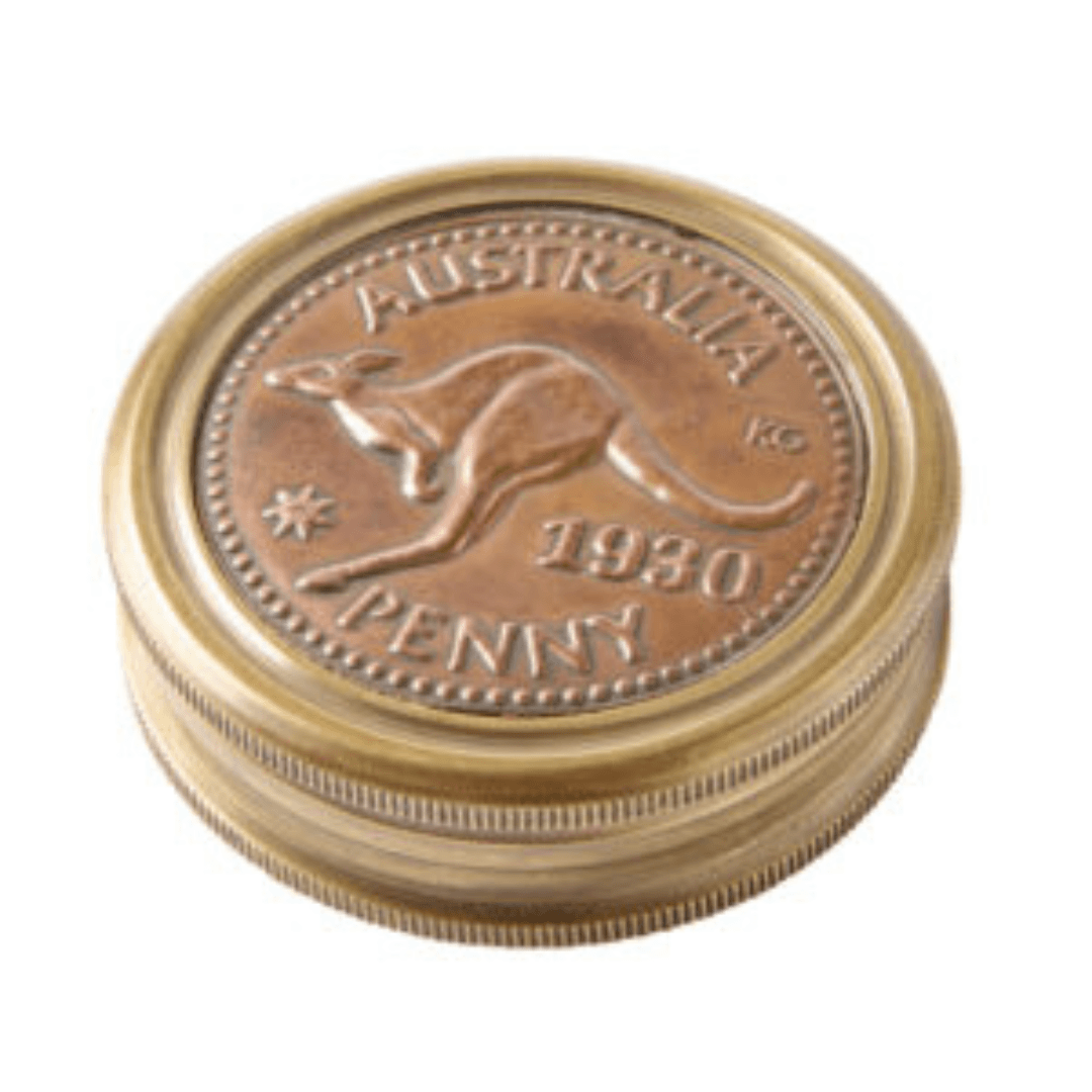 Australian Penny Compass case in brass with leather case and vintage nautical styling, available at Stewart's Menswear Mullumbimby.