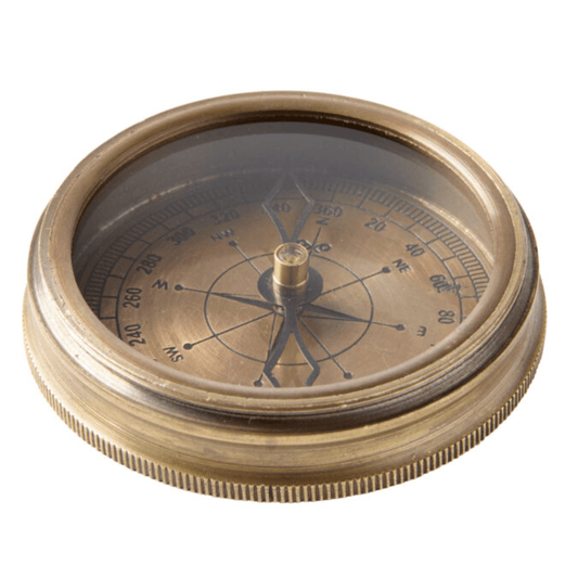 Australian Penny Compass in brass and leather with vintage nautical styling, available at Stewart's Menswear Mullumbimby.