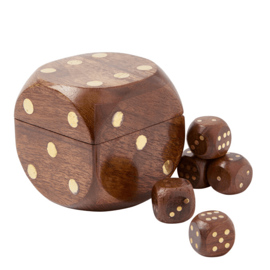 Wooden Dice Box with brass detailing and secure lid, includes dice set, available at Stewart's Menswear Mullumbimby.