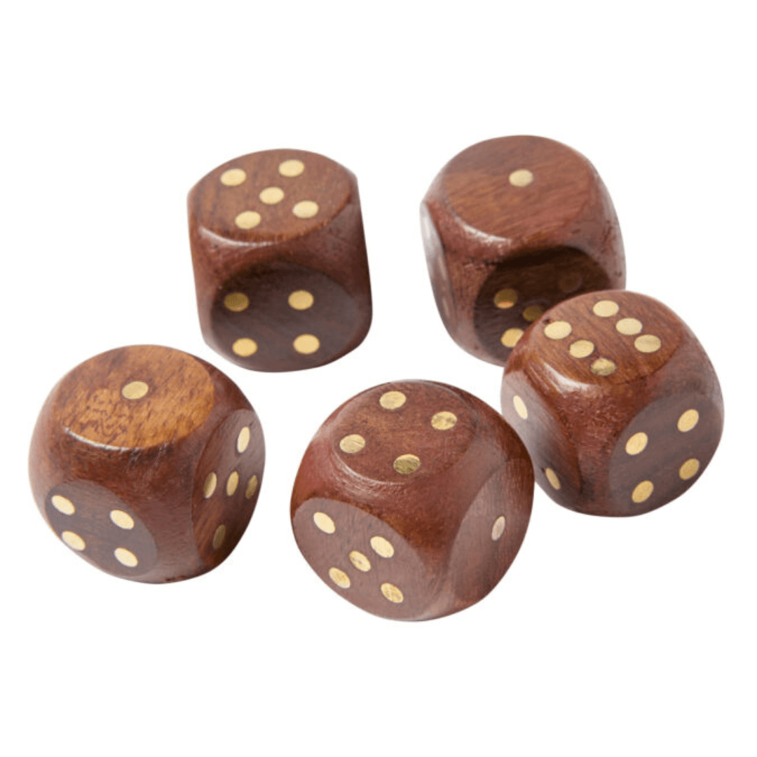 Wooden Dice set included in wooden dice Box with brass detailing and secure lid,  available at Stewart's Menswear Mullumbimby.