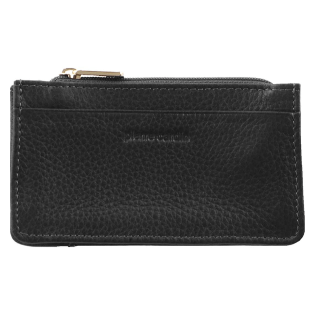 Stewarts Menswear Pierre Cardin men's leather coin purse/card holder with keychain. Compact & handy Pierre Cardin soft Italian leather coin purse with card slot and keyring attached on a chain. Perfect for those who travel light. Colour is black. Photo shows front with embossed pierre cardin logo.