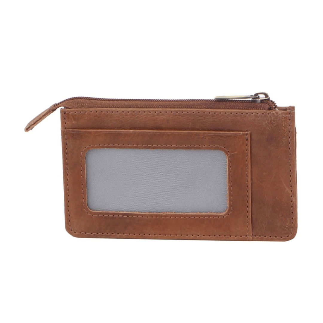 Stewarts Menswear Pierre Cardin men's leather coin purse/card holder with keychain. Compact & handy Pierre Cardin soft Italian leather coin purse with card slot and keyring attached on a chain. Perfect for those who travel light. Colour is cognac. Photo shows back with clear plastic card display holder.