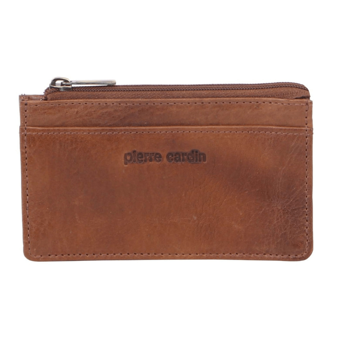 Stewarts Menswear Pierre Cardin men's leather coin purse/card holder with keychain. Compact & handy Pierre Cardin soft Italian leather coin purse with card slot and keyring attached on a chain. Perfect for those who travel light. Colour is cognac. Photo shows front with embossed pierre cardin logo.