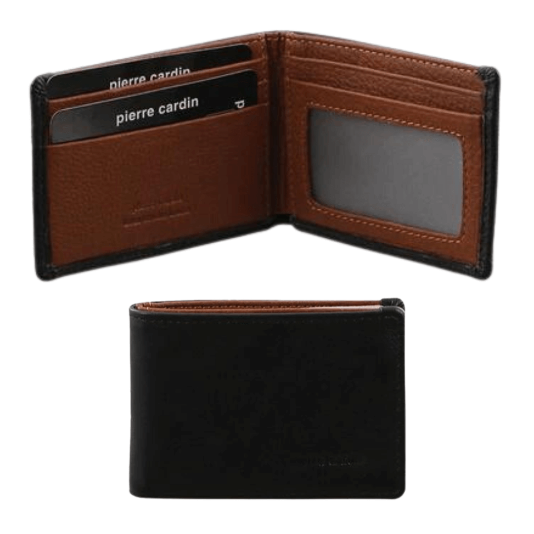 The Pierre Cardin Italian Leather Men's Two Tone Wallet/Card Holder is a sophisticated accessory that combines style, functionality, and security. Crafted with soft Italian leather and featuring the embossed Pierre Cardin logo, this wallet speaks luxury. Features credit card slots, ID window, notes section, RFID protected.  Black leather outside with cognac leather inner.