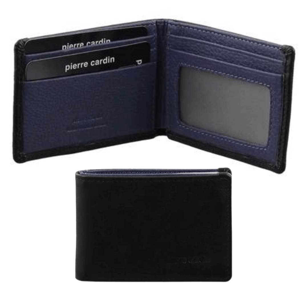 The Pierre Cardin Italian Leather Men's Two Tone Wallet/Card Holder is a sophisticated accessory that combines style, functionality, and security. Crafted with soft Italian leather and featuring the embossed Pierre Cardin logo, this wallet speaks luxury. Features credit card slots, ID window, notes section, RFID protected.  Black leather outside with navy leather inner.