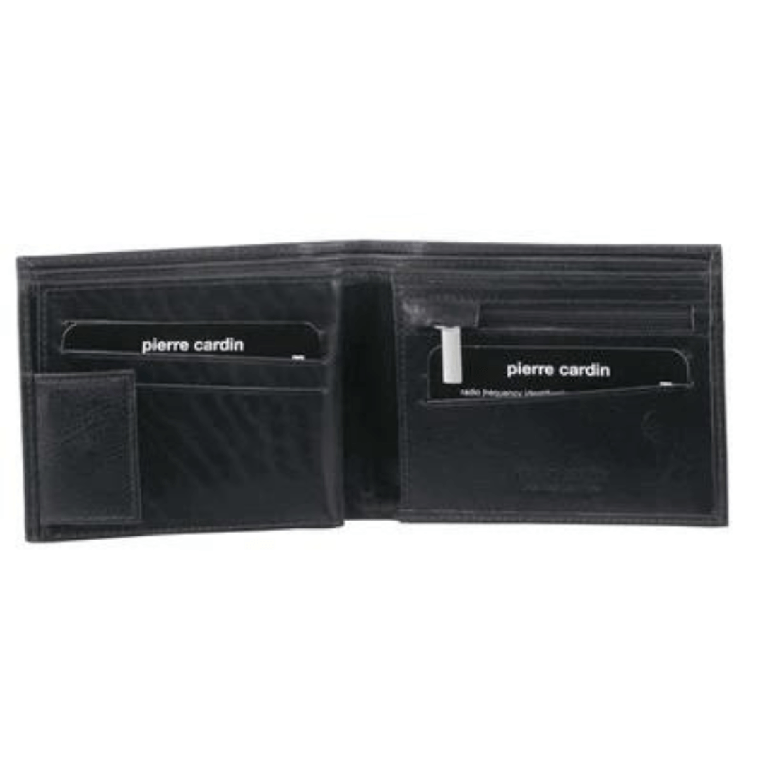 The Pierre Cardin Rustic Leather Men's Business Card Wallet/Holder with RFID protection is a refined accessory. Made from soft rustic leather and featuring the embossed Pierre Cardin logo, this wallet is a statement piece that exudes sophistication. Features credit card slots, notes section and zip coin pocket. Colour is black leather.