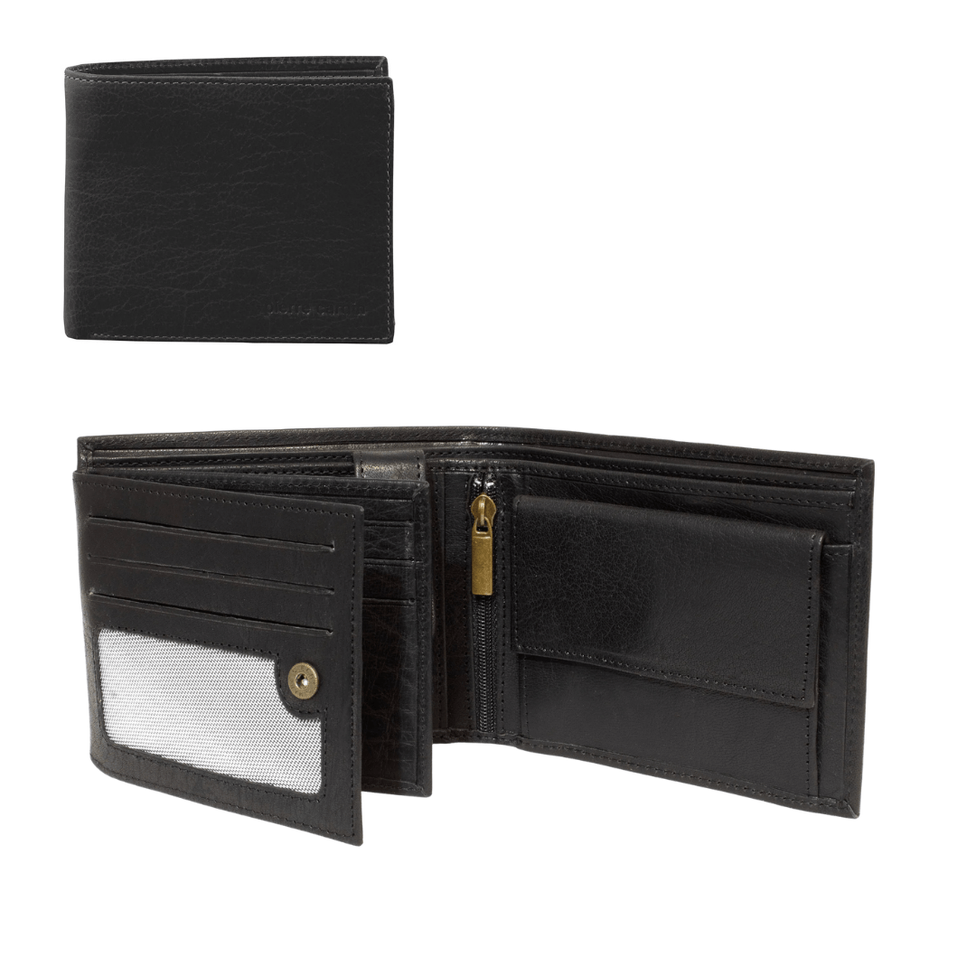 Pierre Cardin rustic leather wallet in black with embossed logo and RFID protection available from Stewarts Menswear in Mullumbimby