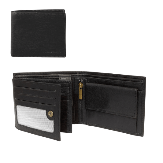 Pierre Cardin rustic leather wallet in black with embossed logo and RFID protection available from Stewarts Menswear in Mullumbimby