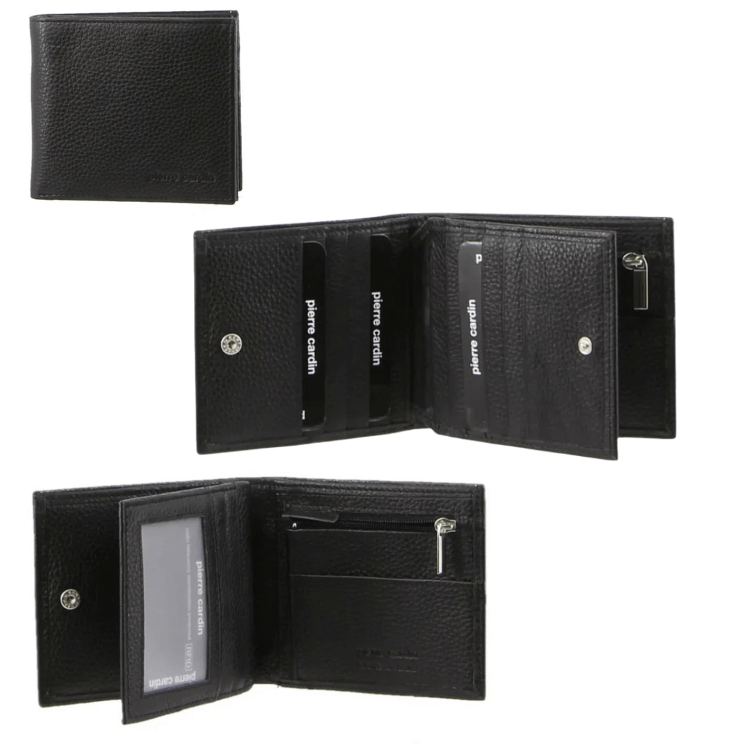 Pierre Cardin Italian leather bi-fold wallet in black with satin lining and embossed logo available from stewarts Menswear in Mullumbimby
