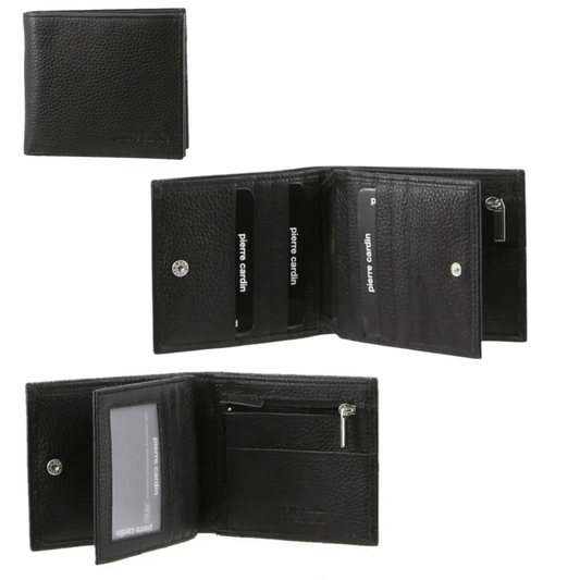 Pierre Cardin Italian leather bi-fold wallet in black with satin lining and embossed logo available from stewarts Menswear in Mullumbimby