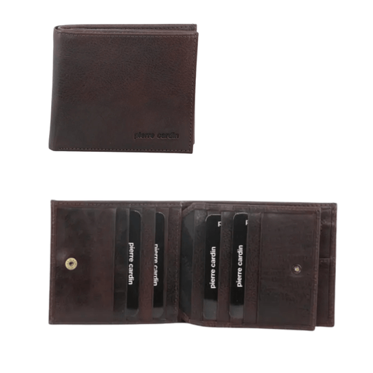 Pierre Cardin Italian leather bi-fold wallet in brown with satin lining and embossed logo available from stewarts Menswear in Mullumbimby