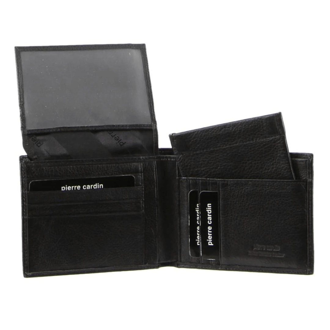 Stewarts Menswear Pierre Cardin mens leather wallet with removable coin purse. Featuring multiple credit card slots, a convenient notes section, <strong>a separate coin pouch</strong> for loose change, and an ID window for easy access, this wallet offers functionality for everyday use. Image shows black coloured wallet with coin pouch partially removed to show where it sits in the wallet.