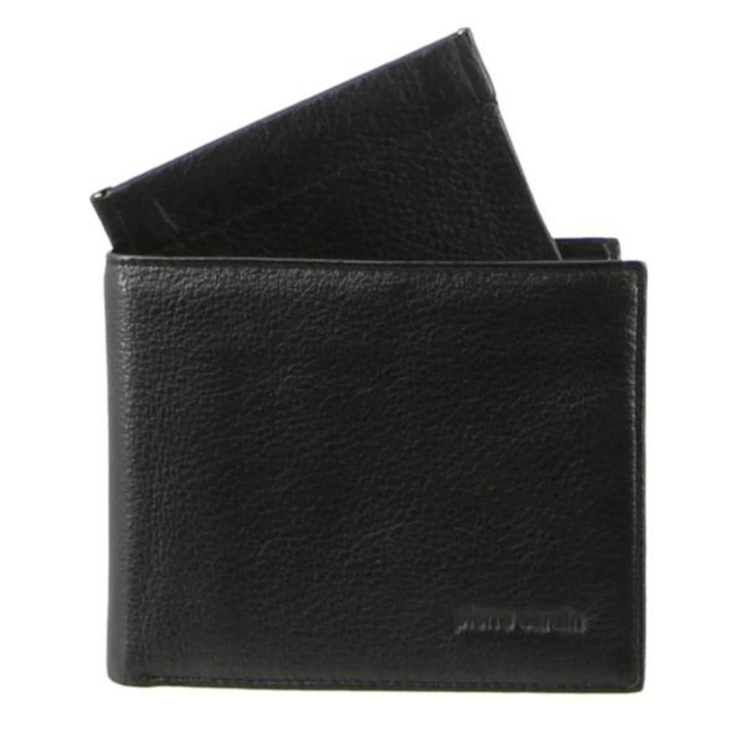 Stewarts Menswear Pierre Cardin mens leather wallet with removable coin purse. Featuring multiple credit card slots, a convenient notes section, <strong>a separate coin pouch</strong> for loose change, and an ID window for easy access, this wallet offers functionality for everyday use. Image shows black coloured wallet which is closed and has coin pouch partially removed to show how it works.