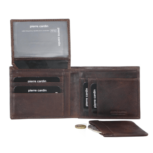 Stewarts Menswear Pierre Cardin mens leather wallet with removable coin purse. Featuring multiple credit card slots, a convenient notes section, <strong>a separate coin pouch</strong> for loose change, and an ID window for easy access, this wallet offers functionality for everyday use. Image shows brown coloured wallet with coin pouch removed laying beside the wallet.
