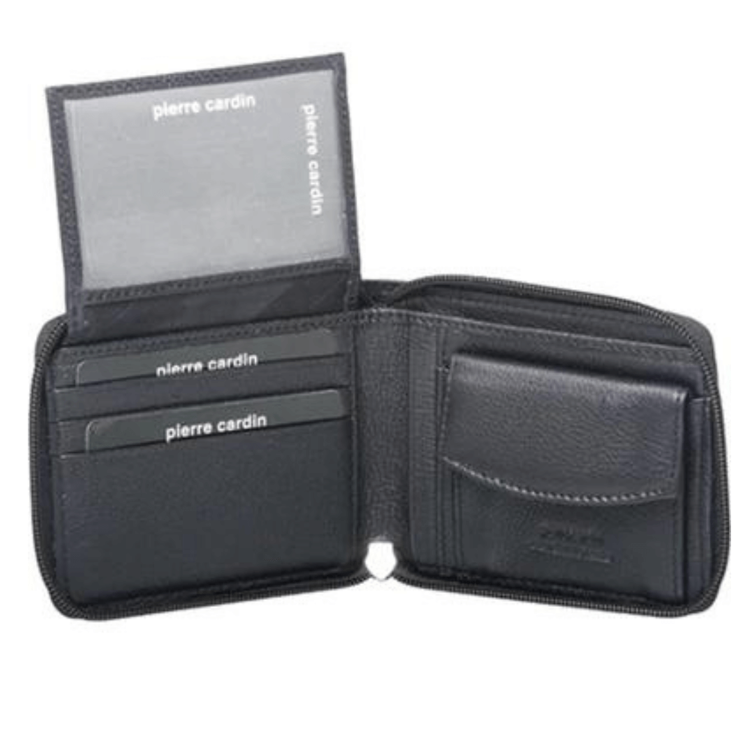 Stewarts Menswear Pierre Cardin men's leather wallet with zipper. Photo shows inside of wallet, id window, coin purse, card holders. Feathers zipper which zips up all around wallet. Colour is Black.