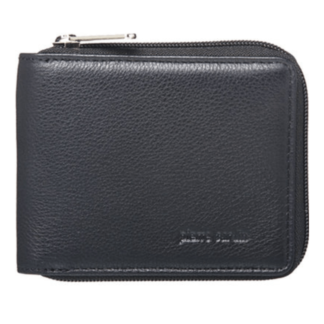 Stewarts Menswear Pierre Cardin men's leather wallet with zipper. Photo shows outside of wallet when zipped up . Feathers zipper which zips up all around wallet. Colour is Black.