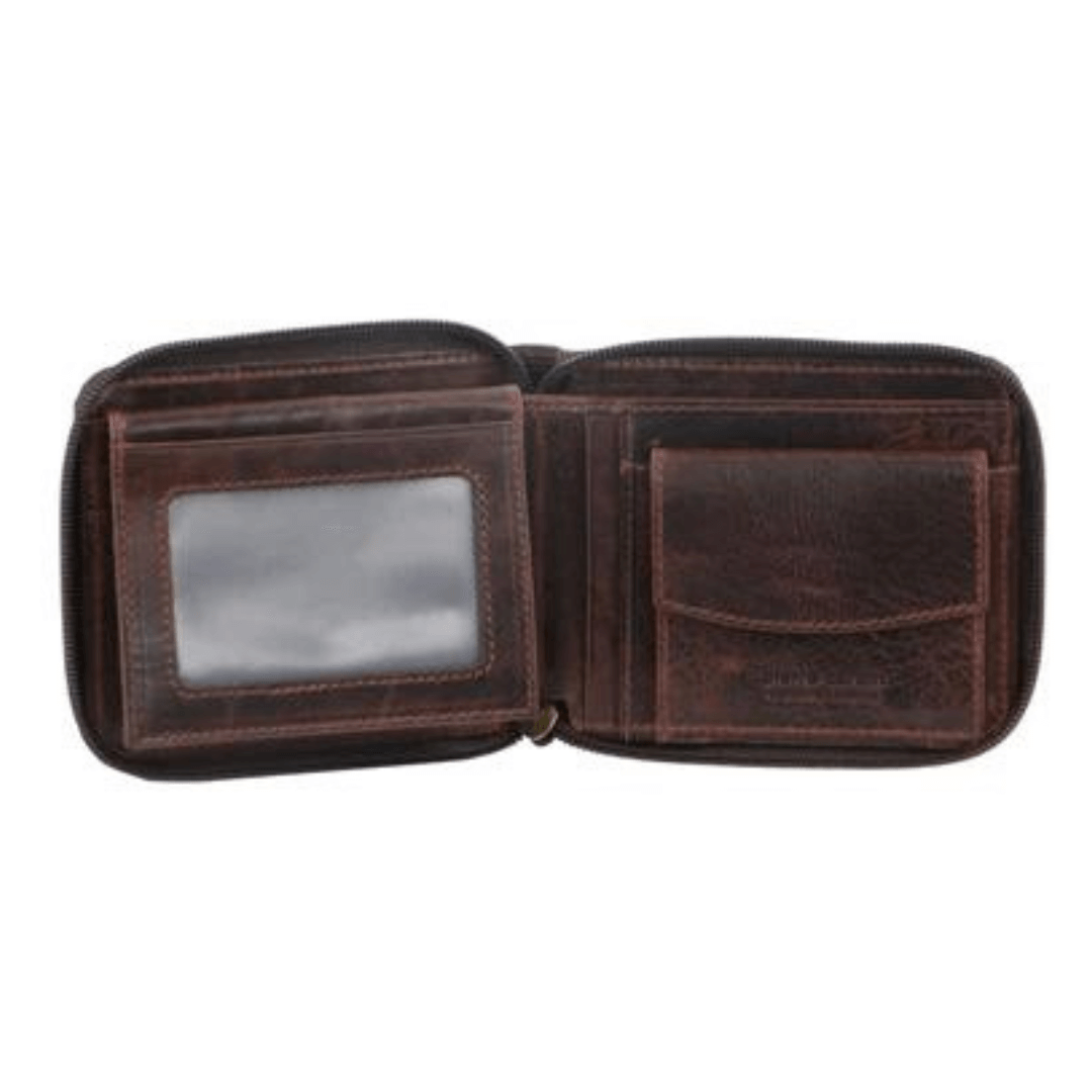Stewarts Menswear Pierre Cardin men's leather wallet with zipper. Photo shows inside of wallet, id window, coin purse, card holders. Feathers zipper which zips up all around wallet. Colour is Chocolate.